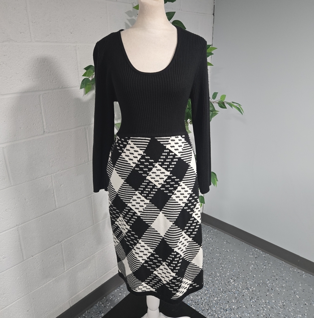 NWT Sandra Darren Stretch Diamond Plaid Preppy Office Sweater Midi Dress Large